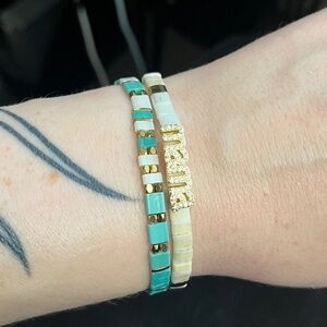 5/$25 Estate MAMA Gold Tone Turquoise and Cream Faux MOP Stretch Bracelet Set C2